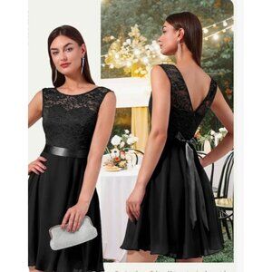 Womens XL Elegant Black Lace Cocktail Party Dress Satin Bow & Mesh Skirt A-Line